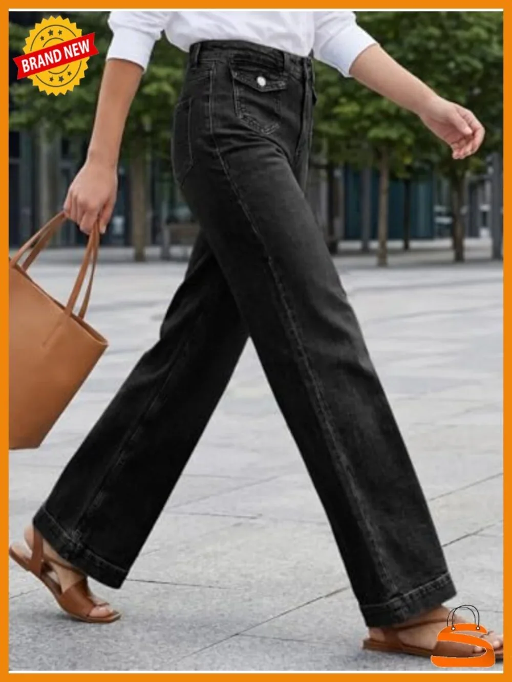 High Waisted Wide Leg Baggy Jeans with Flap Pockets